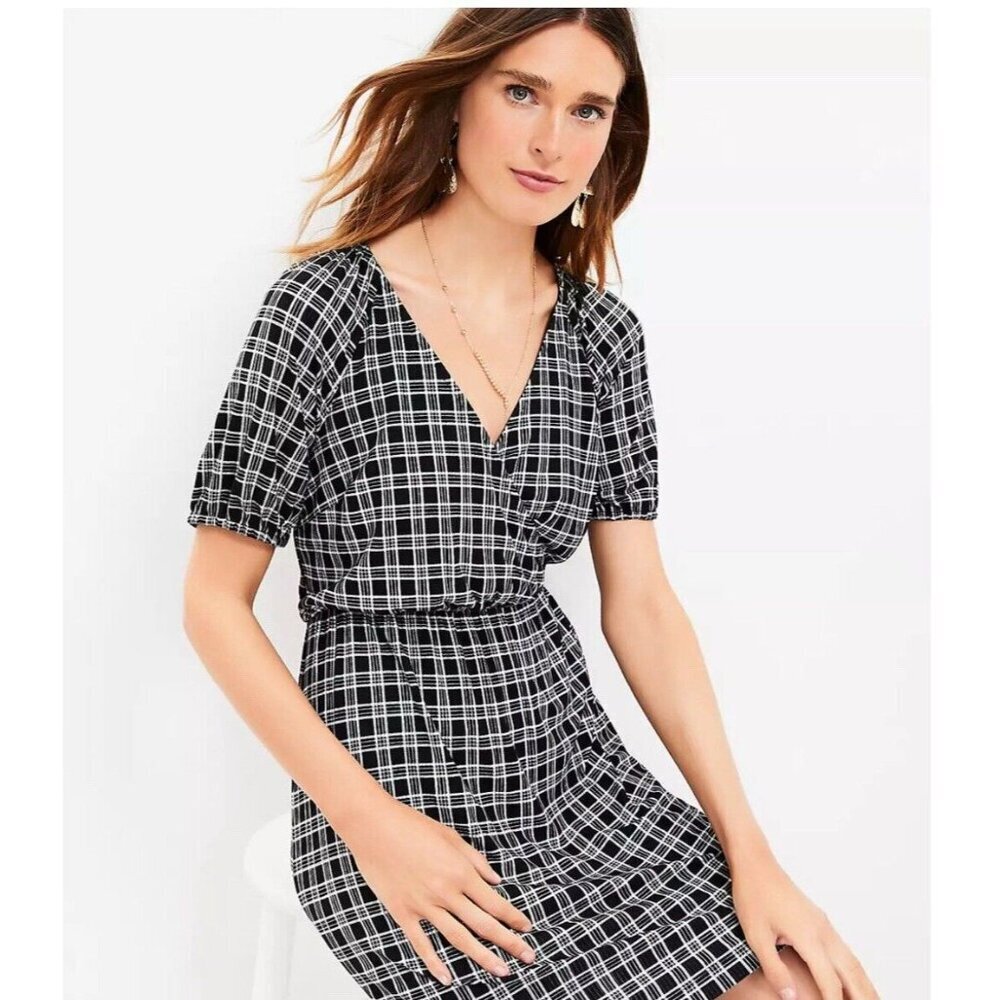 Loft Faux Wrap Dress Size Sm Black White Plaid Gingham Workwear Church - Picture 4 of 15